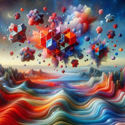 The primary subject of the image is a colorful, abstract artwork featuring a mix of geometric shapes and vibrant colors. The setting is a surreal, dreamlike landscape with a backdrop of a blue ocean. The visual style is a combination of digital art and illustration, creating a unique and captivating scene. The dominant colors are blue, red, and orange, giving the artwork a lively and energetic atmosphere.